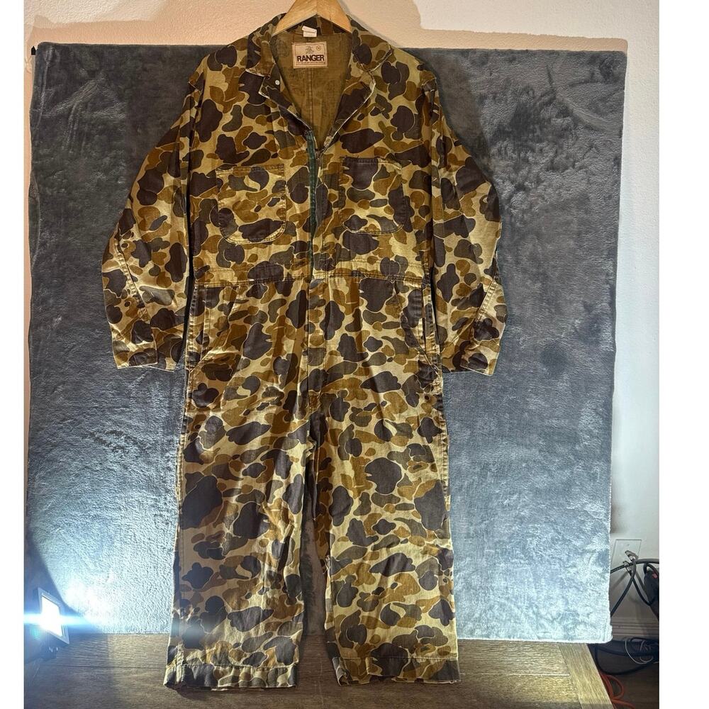 Vtg 80s Ranger Camo Coveralls Jumpsuit Mens M Duck Hunter Frogskin Hunting USA